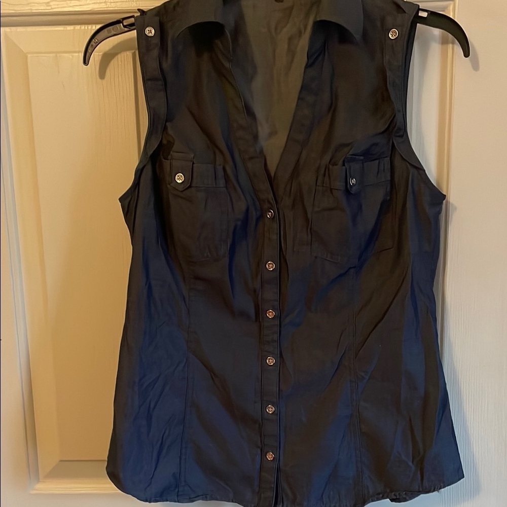 Express Blue Sleeveless Notched Collar Button Down Top